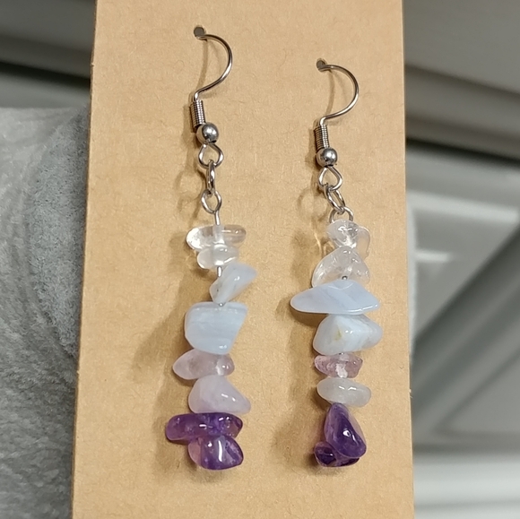 Amethyst Quartz Crystal Blue Lace Agate Earrings Natural Gemstone Chip Beaded - Picture 9 of 14